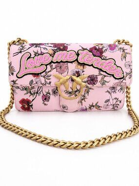 PINKO Love Me Tender Floral Crossbody Bag Pink Gold Chain Shoulder Purse